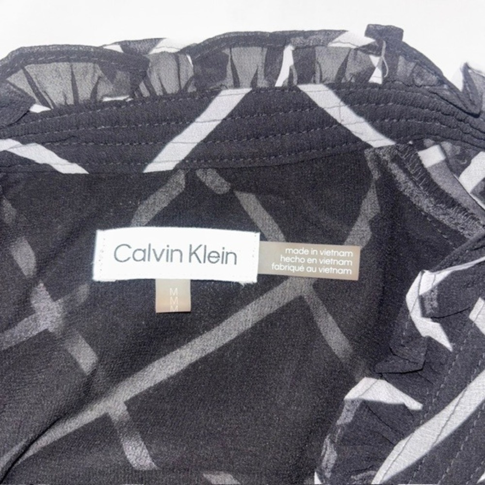 Calvin Klein Womens Black White Windowpane Ruffle Neck Tie Blouse M M1NAZ563 - Picture 7 of 8
